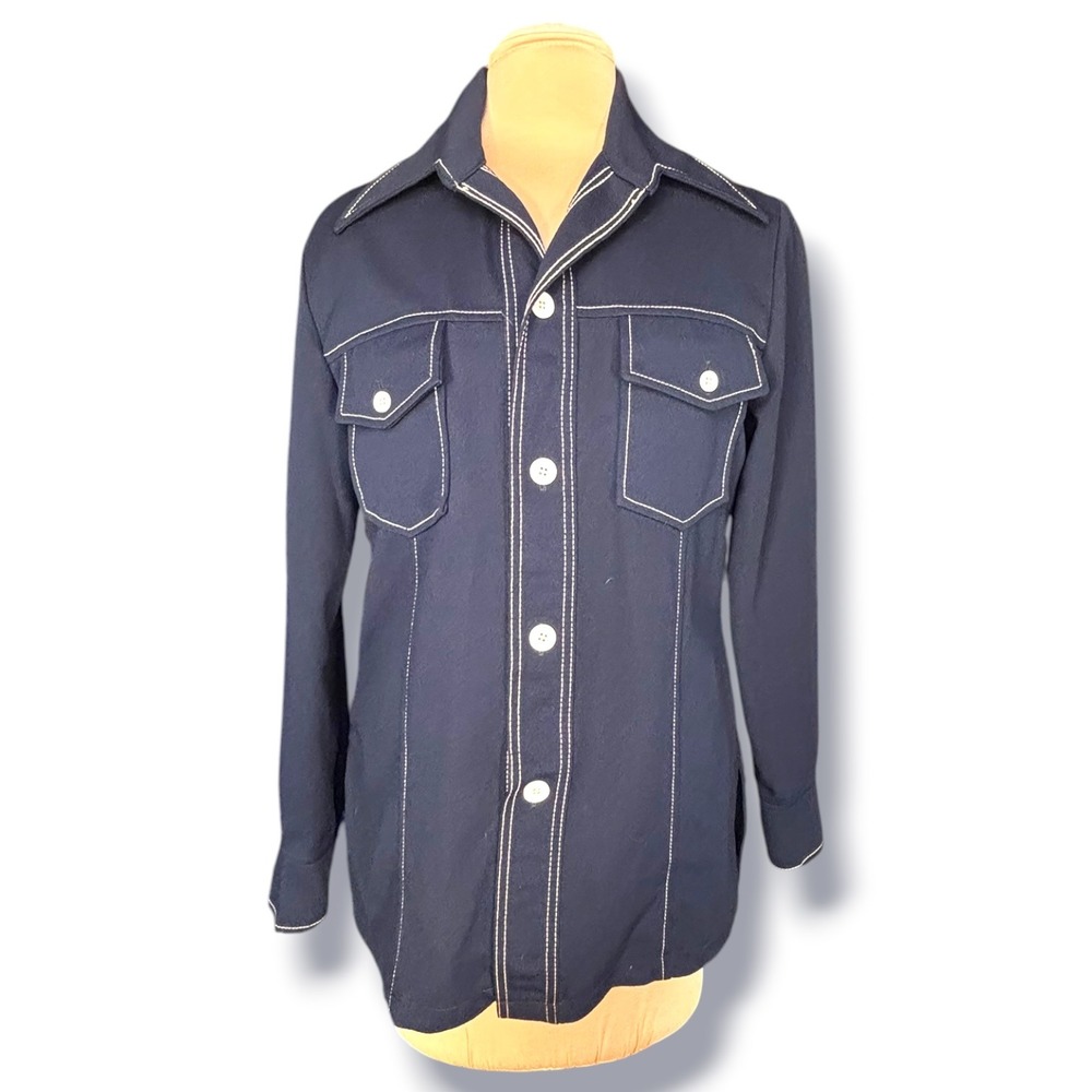 70s JCPenney Navy Blue Contrast Stitch Disco Safari Shirt Jacket Point Collar